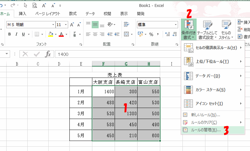 ［条件付き書式］～［ルールの管理］をクリックする