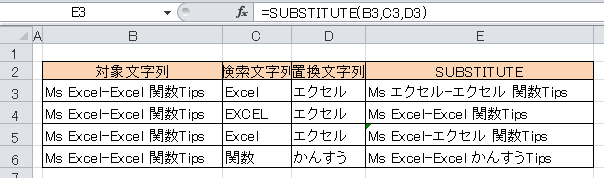 SUBSTITUTE関数の使用例サンプル