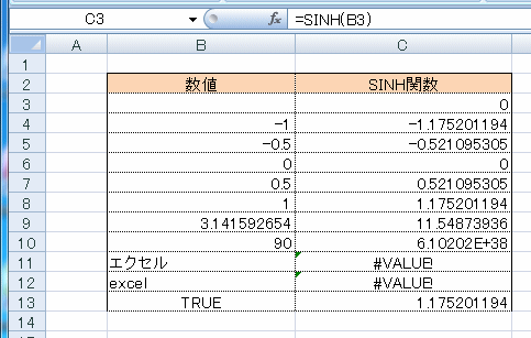 SINH関数の使用例サンプル